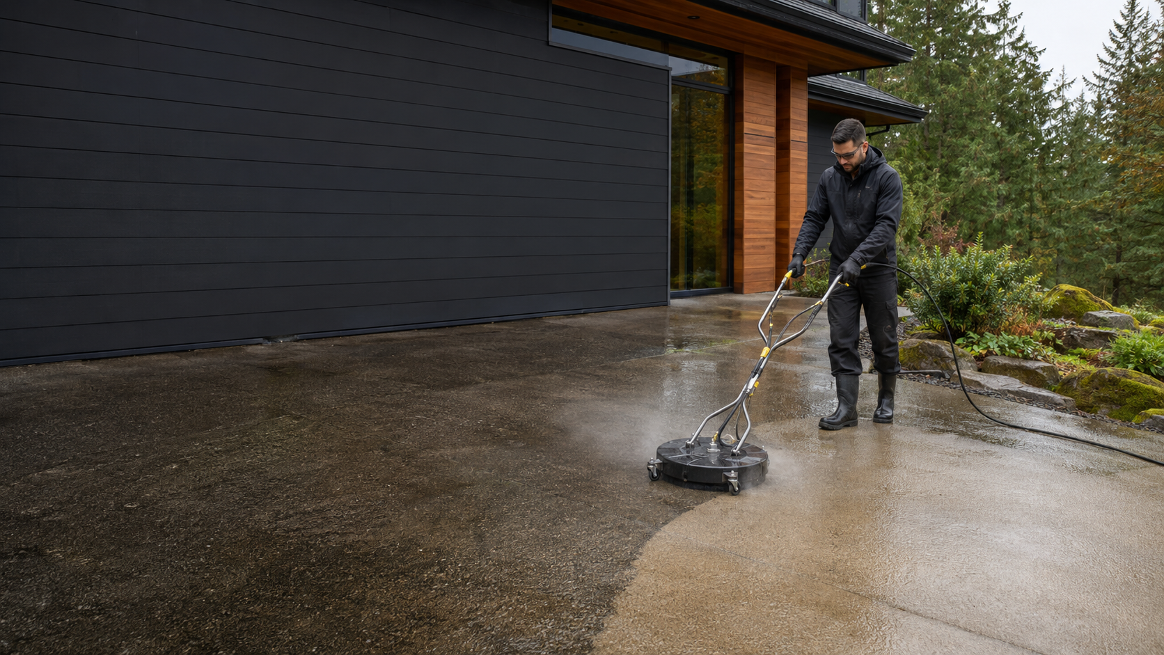 A professional using pressure-washing equipment on a residential concrete surface